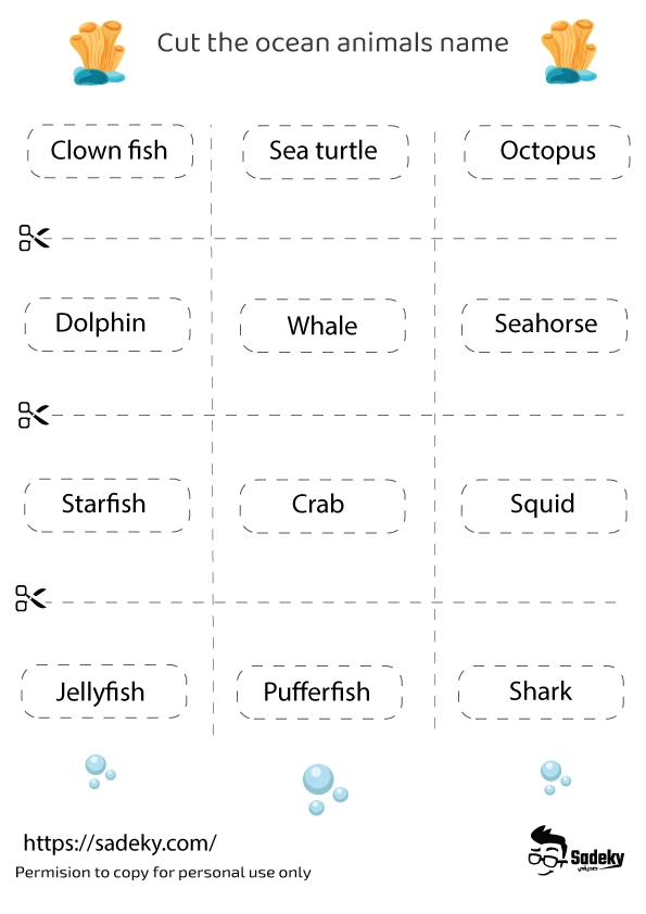 Ocean animals name sheet 