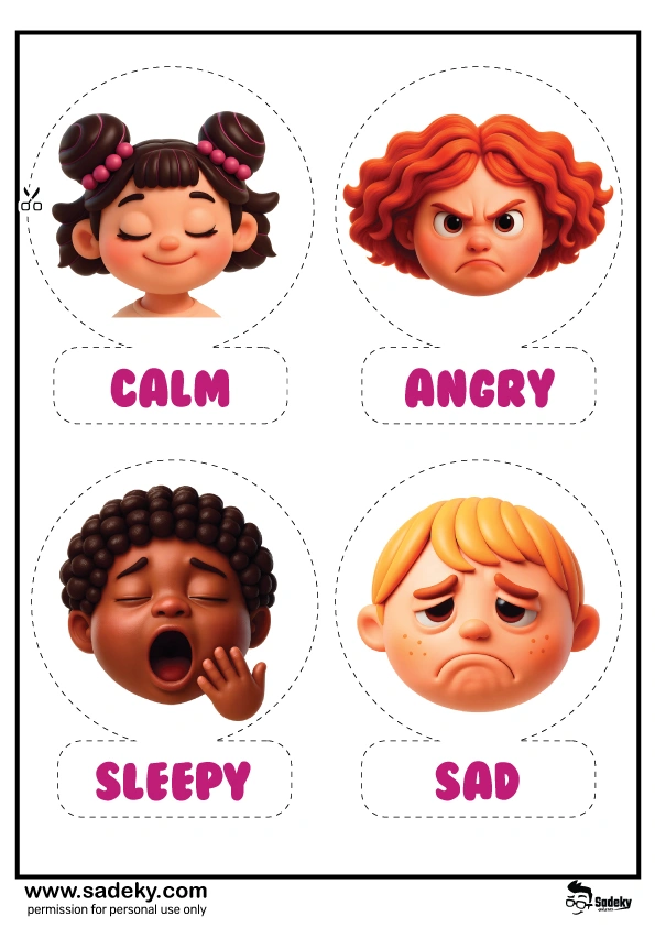Emotion faces for Kids PDF emotions for calm-angry-sleepy-sad 