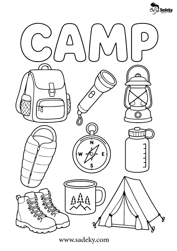 Camping tools coloring page with backpack, lantern, compass, tent,