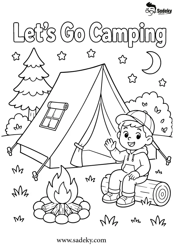 Camping coloring page with child, tent, campfire, moon, and stars