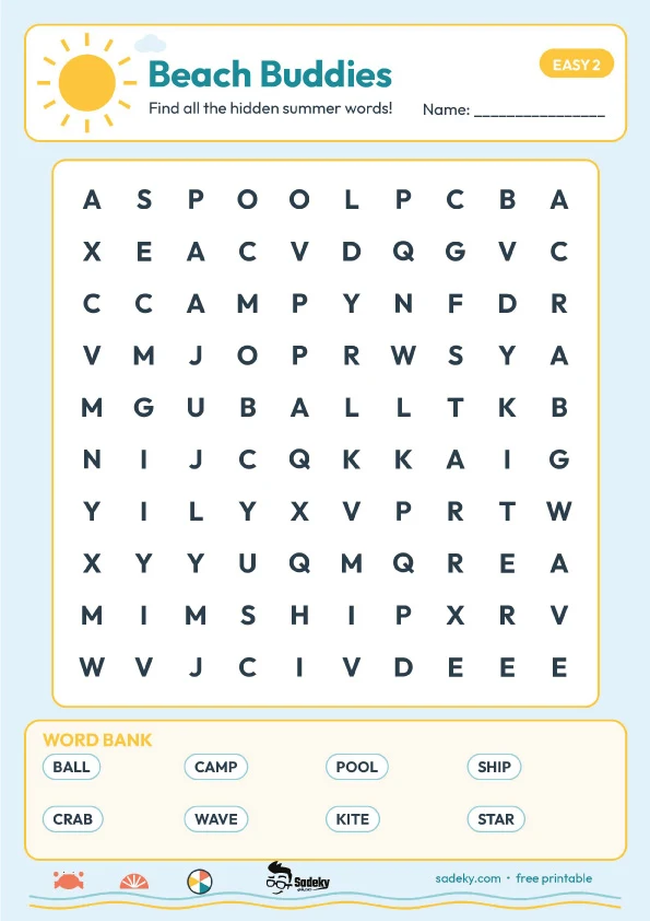 word search printable summer