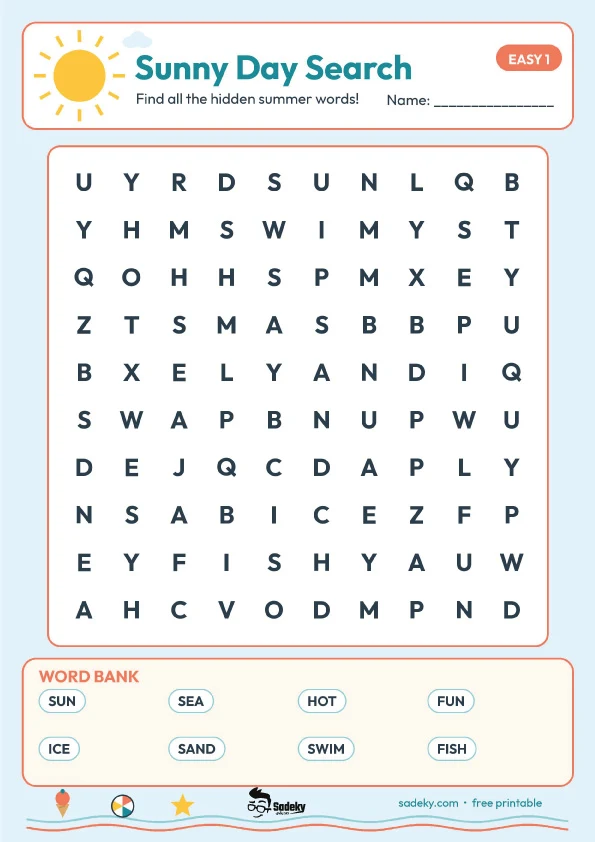 easy Summer Word Search for kids