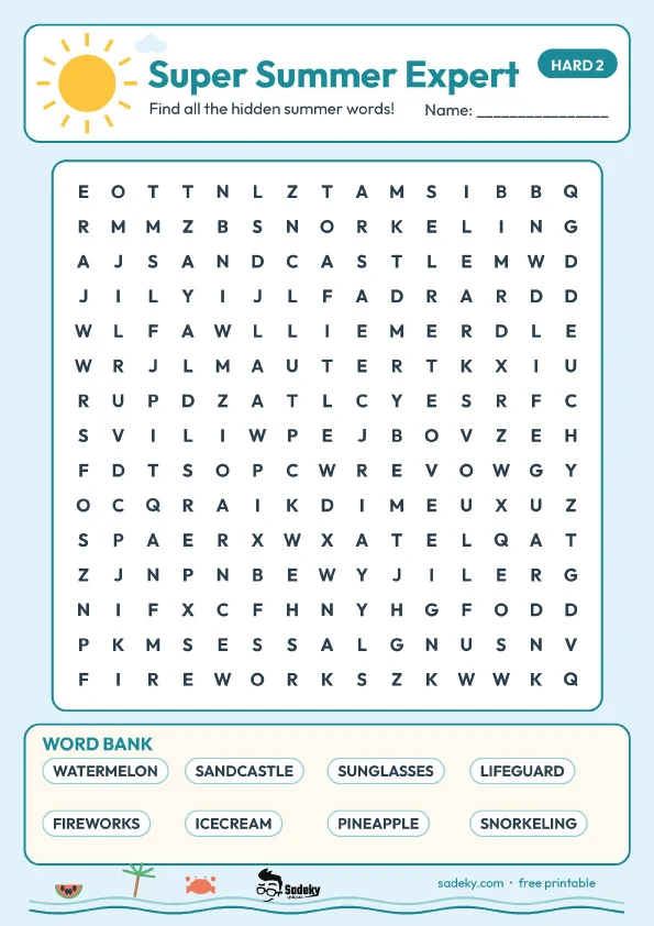 hard printable summer word search