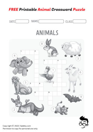 FREE Printable Animal Crossword Puzzle For Kindergarten | Sadeky